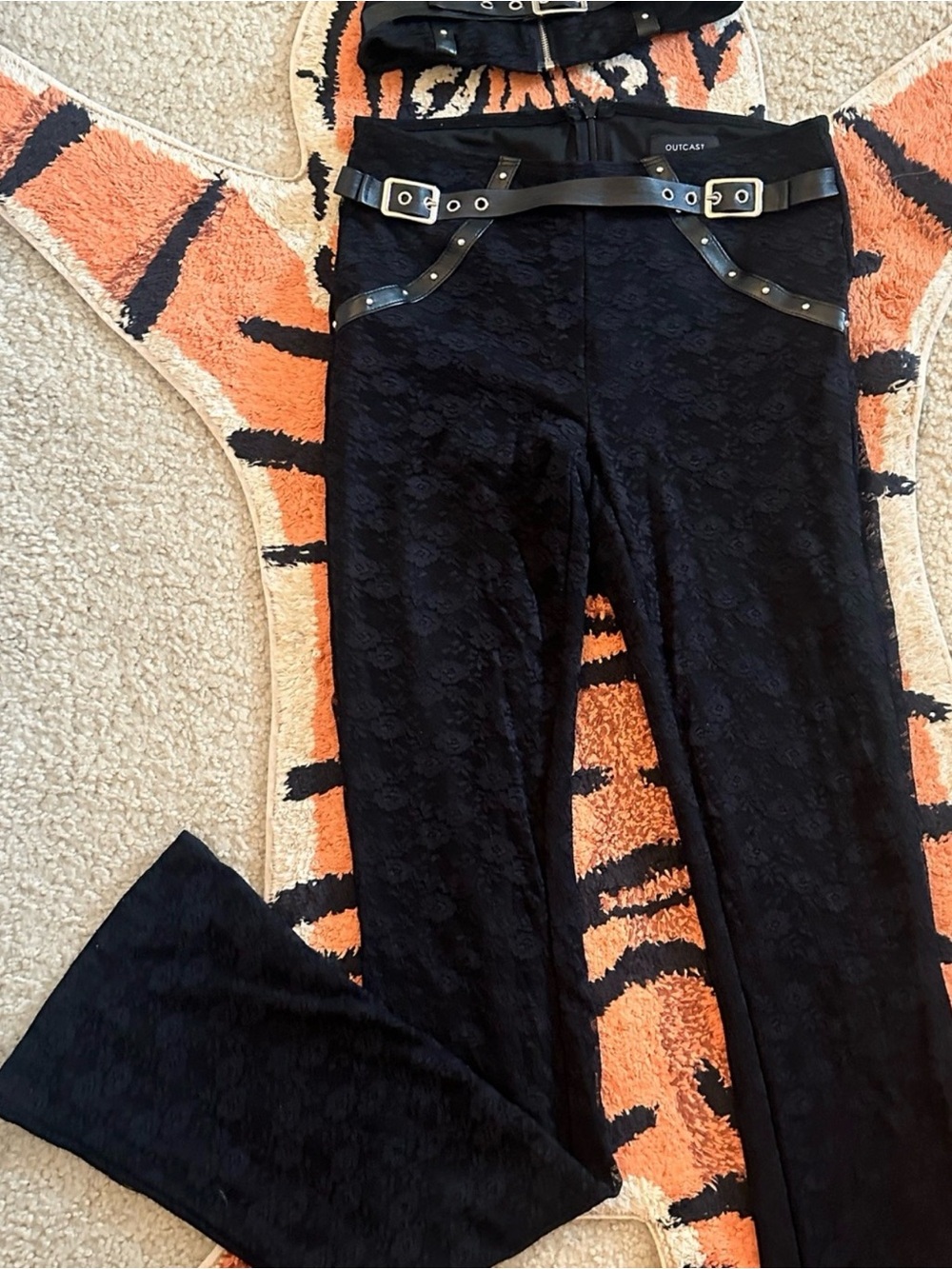 Outcast Black Lace Flare Pants with Buckle Belt Detail